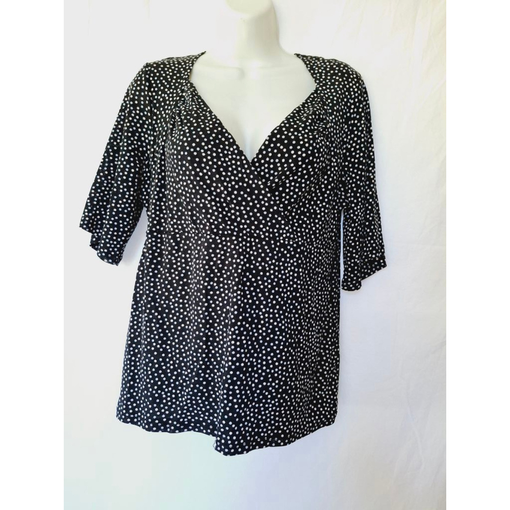 Nine & Co. XL Black blue Polka Dot surplice stretch rockabilly office core top